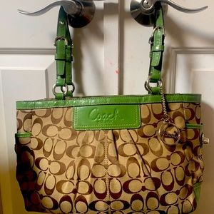 Tan with green leather COACH handbag